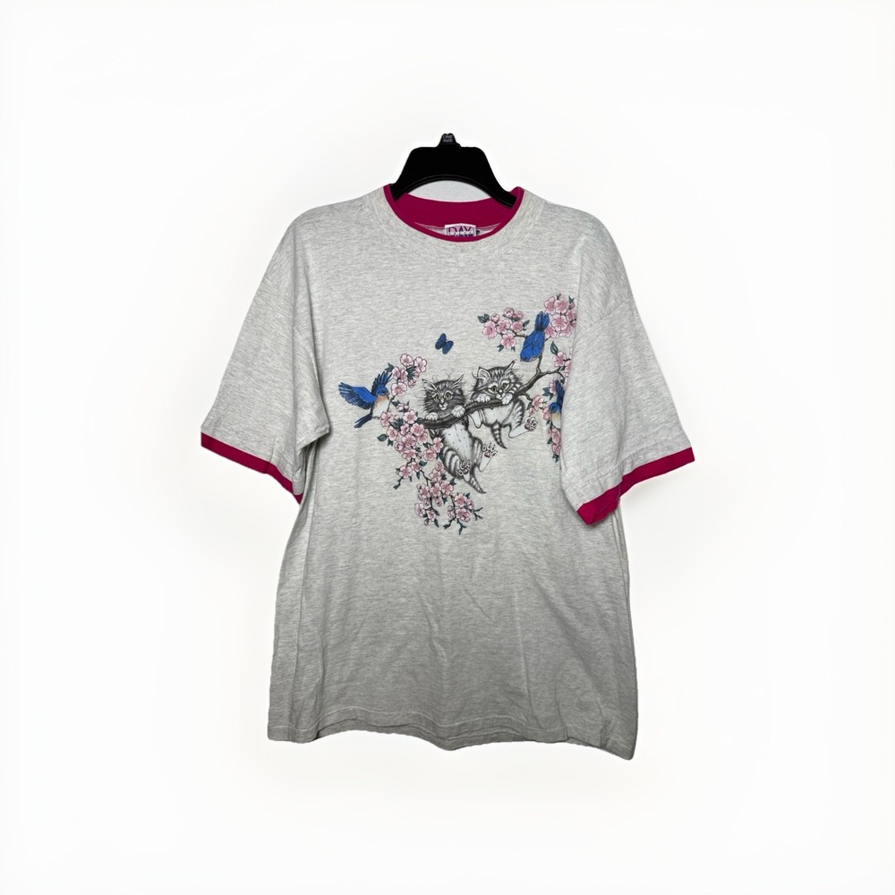 Vintage Day Break Kittens Cats Birds Double Sleeve T-Shirt‎ Pink Size Large